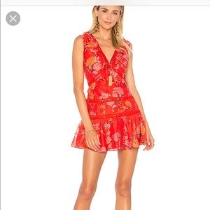 CORAL RED FLORAL PRINT MINI DRESS by 
FINDERS KEEPERS, size Large